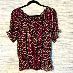 a.n.a Dark Pink Brown Smocked Sheer Puff Sleeve Blouse PL (688)